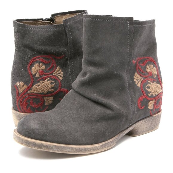 Fly London Suede Embroidered Slouch Booties Grey Red Cream Boho Festival Summer - Picture 1 of 12
